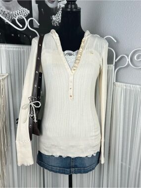 sweater project y2k cotton off white/cream colored hooded button henley sweater